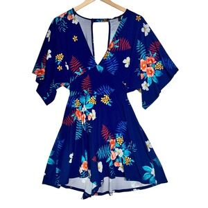 Express Womens Romper Size‎ Medium Blue Floral V Neck Tropical